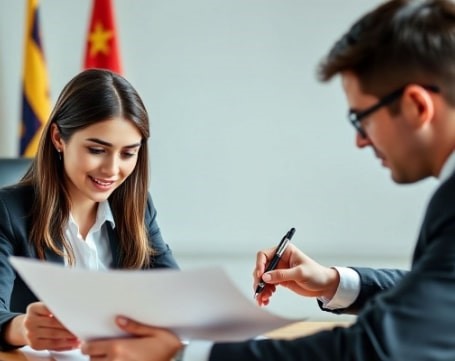 A professional reviewing an employment contract with a lawyer in a modern office setting.